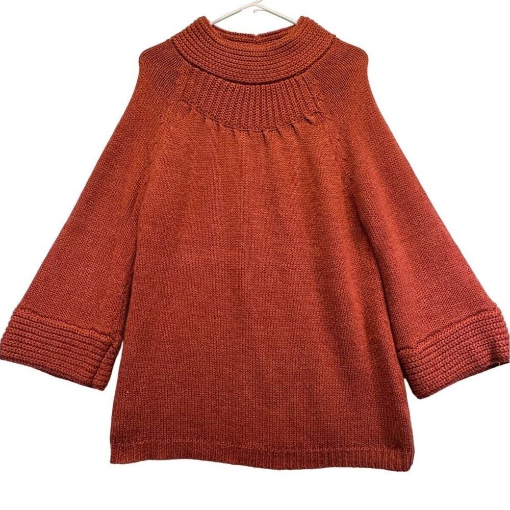 Orange Chunky Knit Mock Neck Bell Sleeve Sweater Large Rust Pullover